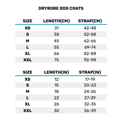 2025 DRYROBE DOG COAT  Size Chart